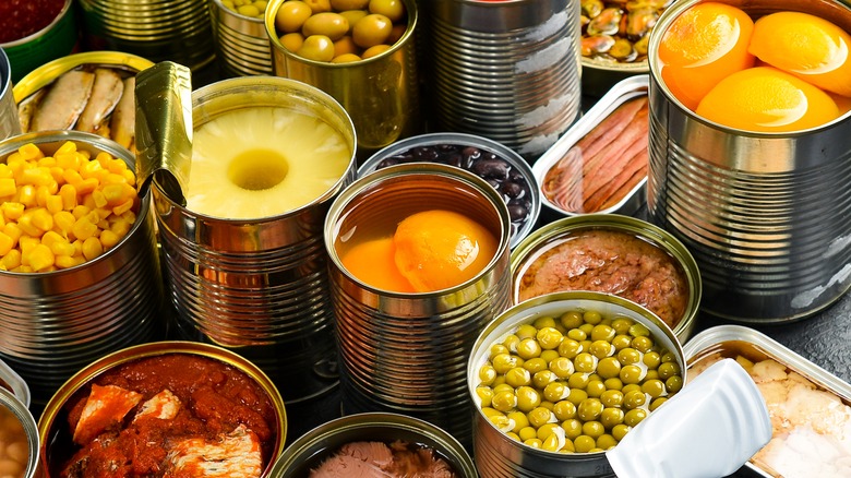 Overhead shot of various open canned produce