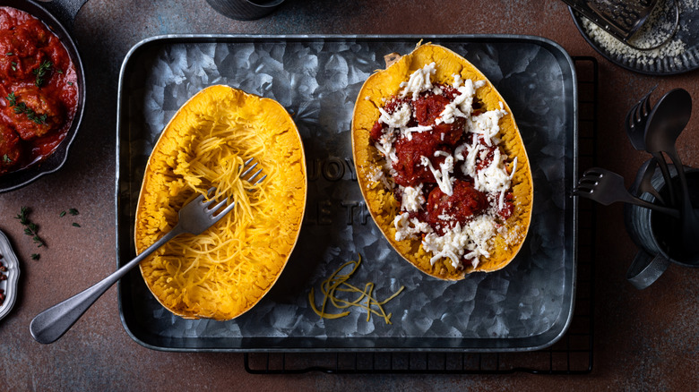 Spaghetti squash stuffed with meatballs and cheese