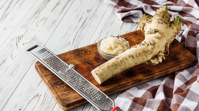 A horseradish root with a grater and freshly grated horseradish