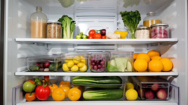 Inside of a fridge full of produce