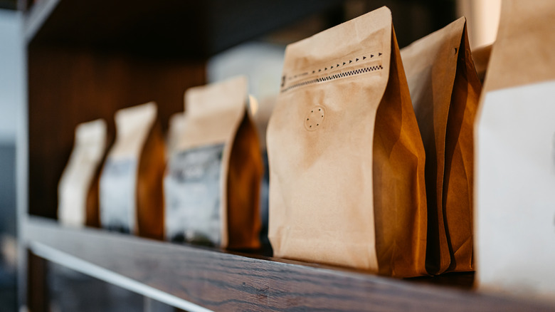 Bags of coffee on a shelf