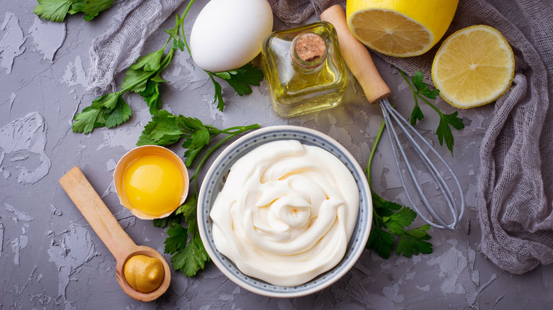 Mayonnaise bowl on gray background