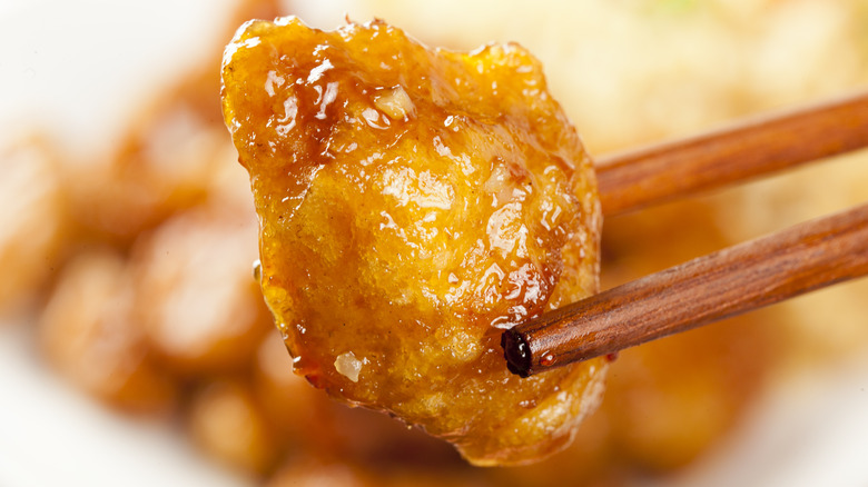 General Tso's chicken in chopsticks