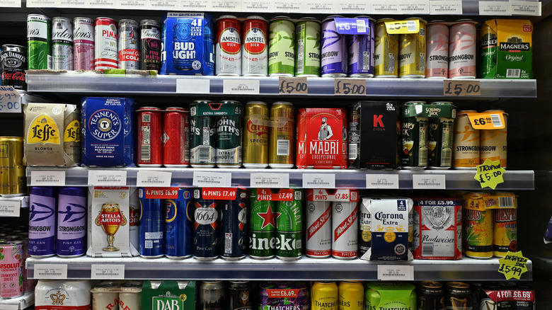 Beer cans on store shelves