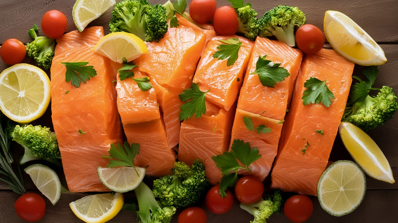 Sliced fresh salmon on a wooden table