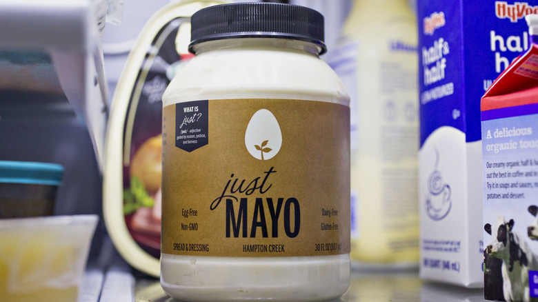Jar of "Just Mayo" on counter