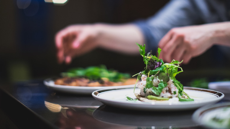 Chef plating dishes with leafy greens