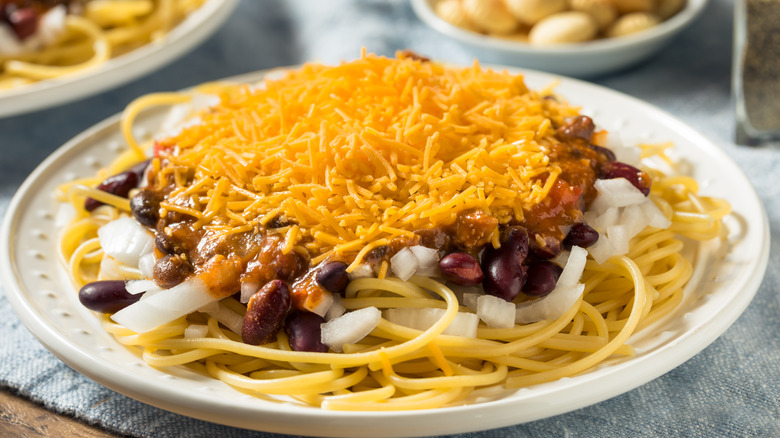 Plate of Cincinnati chili over pasta