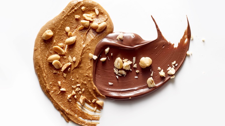 Peanut butter and chocolate spreads with crushed nuts