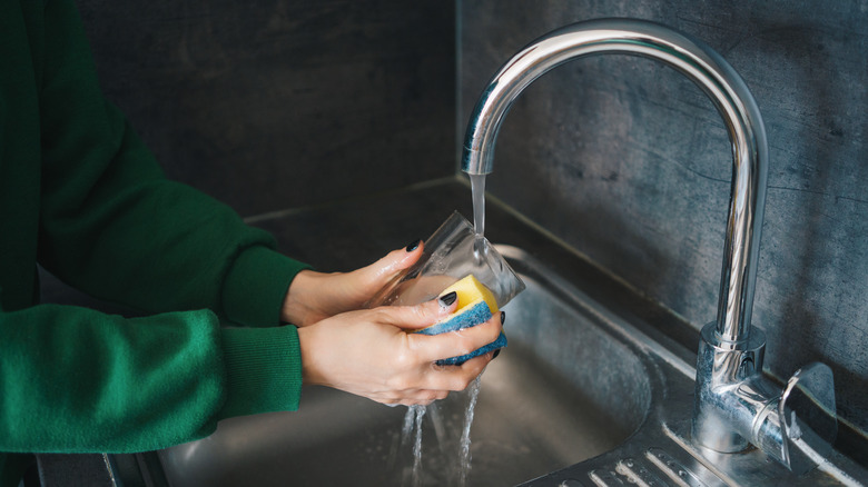 Person washing glass with sponge