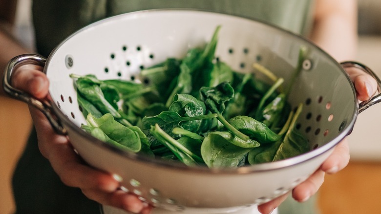 woman holding spinach in a colander