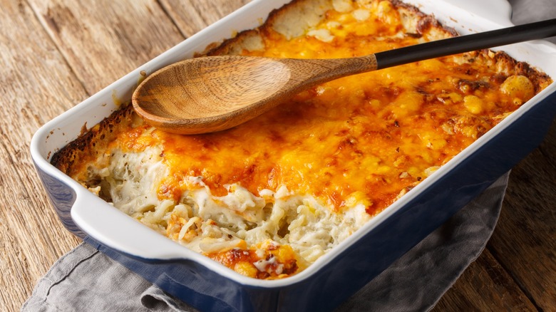 Cheesy casserole in glass dish