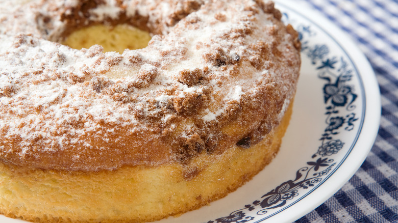 Close-up of coffee cake with powdered sugar
