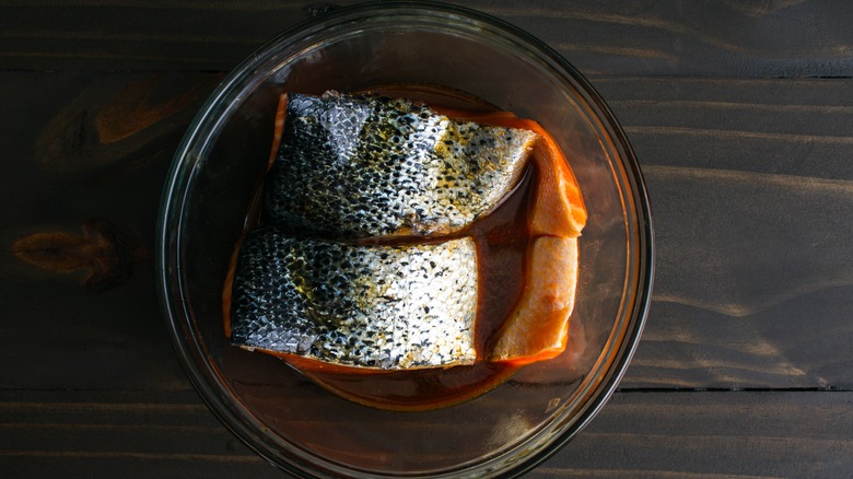 Salmon fill with skin marinating