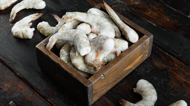 Frozen shrimp in wooden box