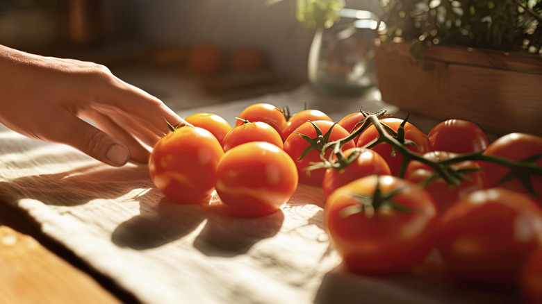 Reaching for sunlit tomatoes on a kitchen counter