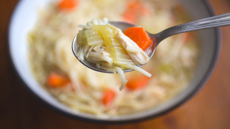 Close up spoonful of chicken soup