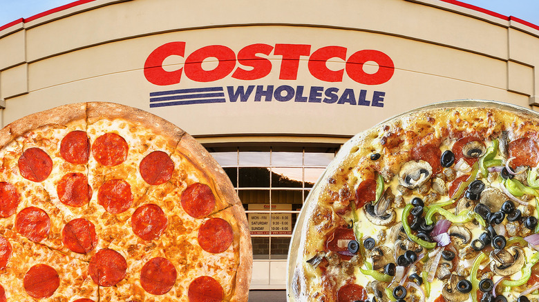 Graphic of Costco pizzas and storefront