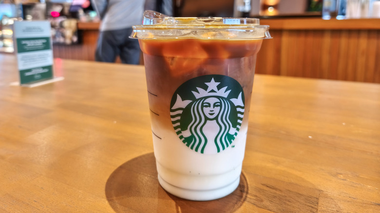 An iced Starbucks coffee drink with black lines on one side