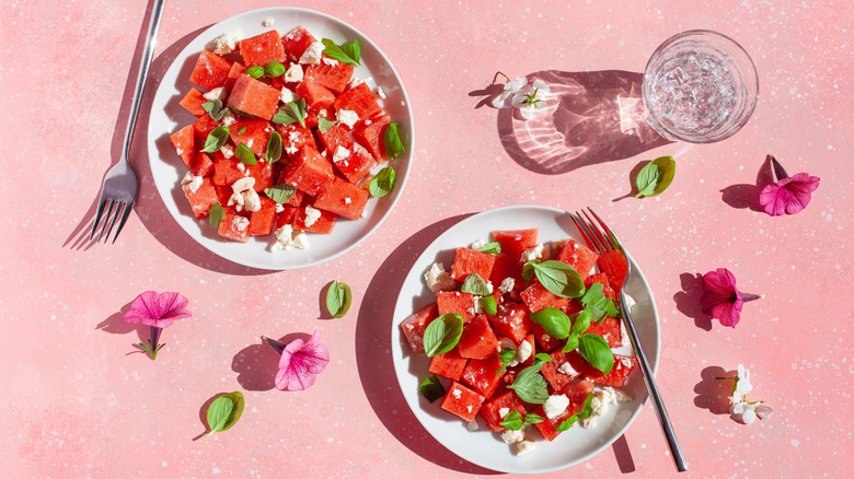 Watermelon feta salad on plates