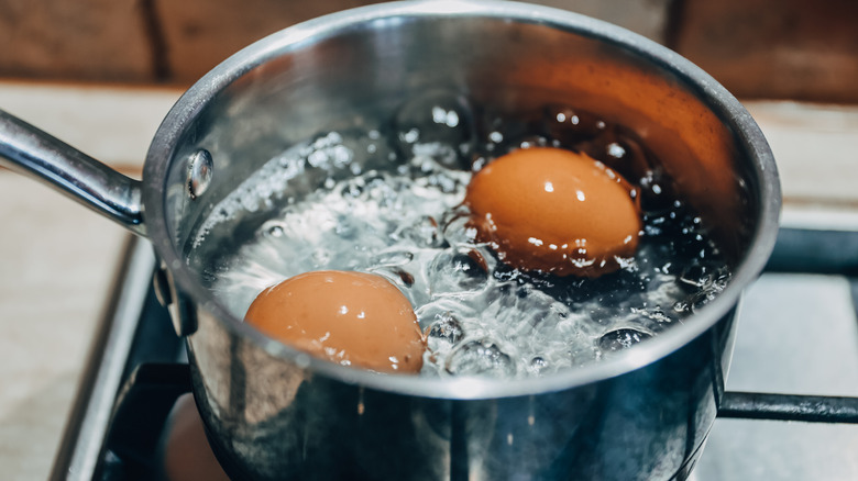 Boiling brown eggs in pot