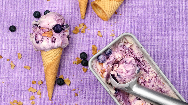 No-churn blueberry ice cream on purple tablecloth