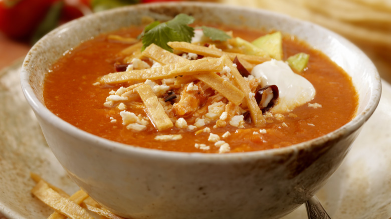 Large bowl of tortilla soup