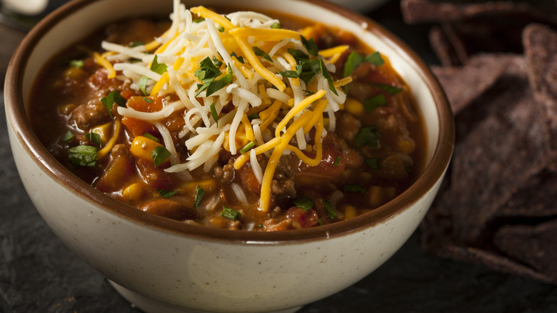 Bowl of chili with cheese