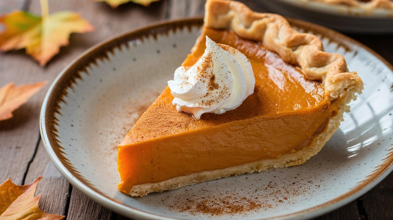 pumpkin pie slice with whipped cream