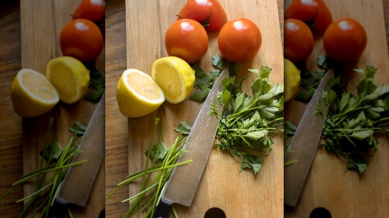 Tomatoes and lemons on board tray