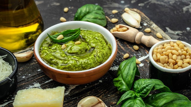 Basil pesto sauce with ingredients