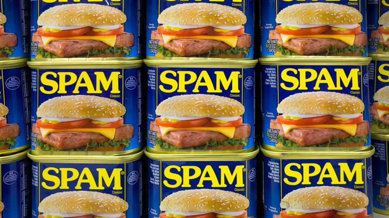 Canned spam stacked on a shelf