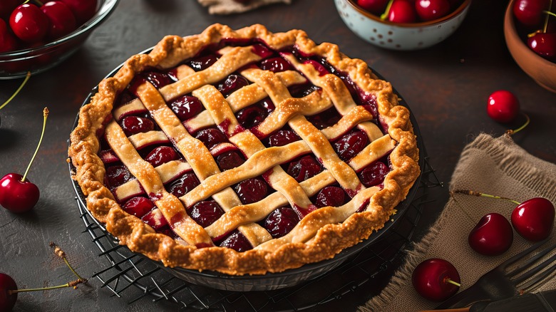 Cherry pie with a lattice top and fresh cherries