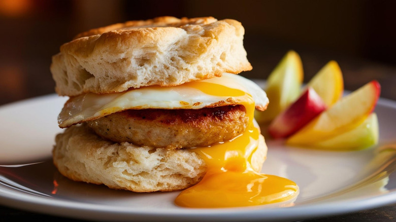 Sausage and egg biscuit with apple slices