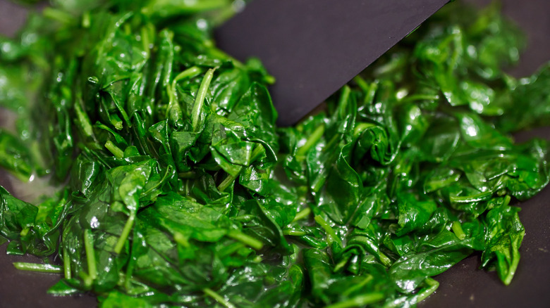 Softened spinach on a pan