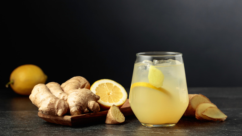 A glass of ginger ale with lemon and ginger