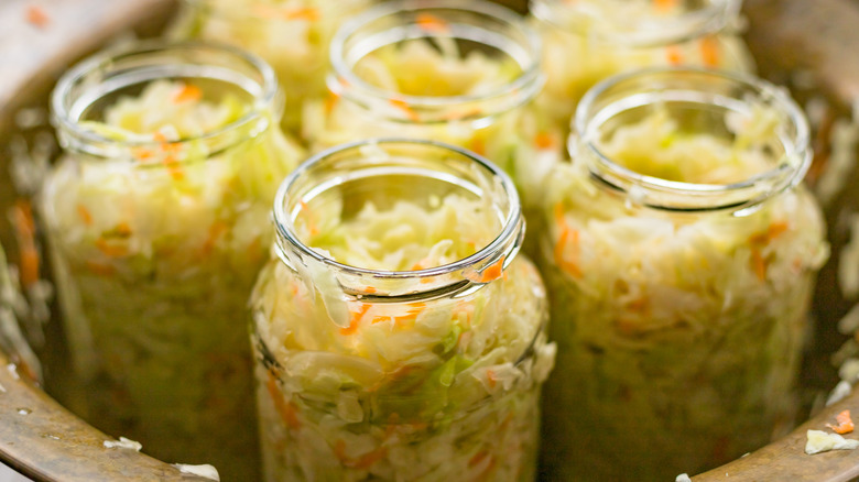 Sauerkraut fermenting in jars