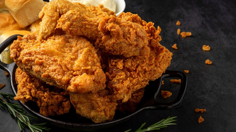 Fried chicken in cast iron skillet