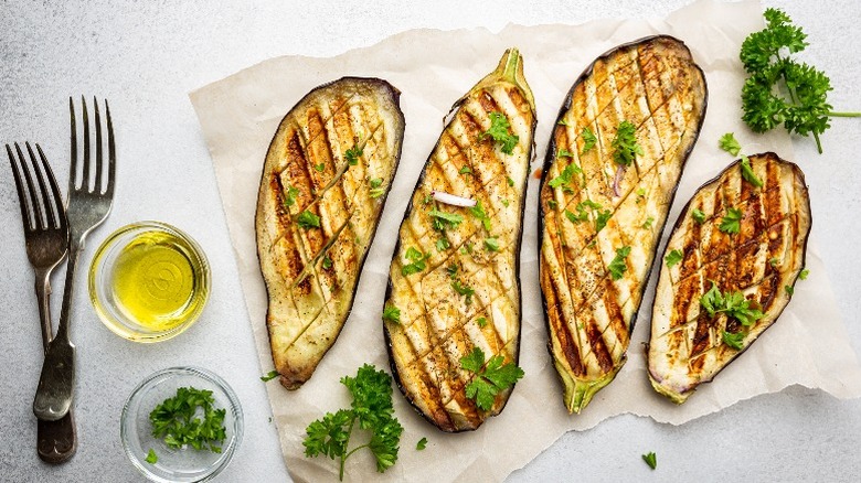 Slices of grilled eggplant.