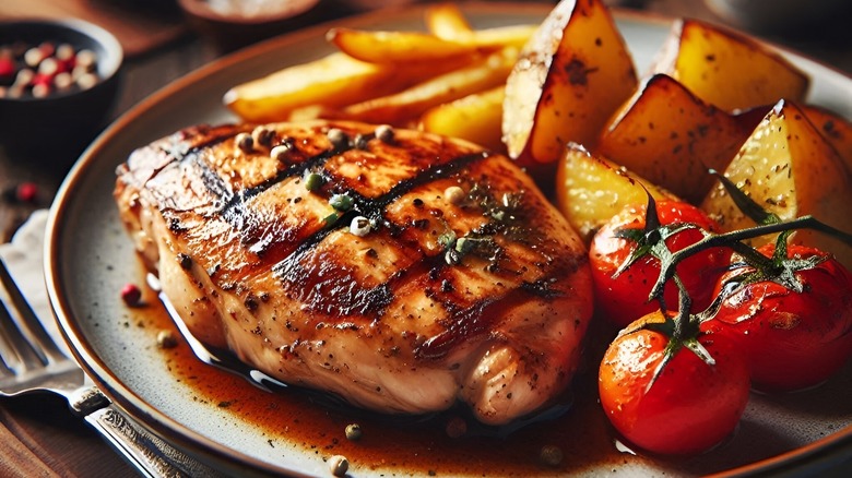 Barbecue chicken breast on a plate with vegetables