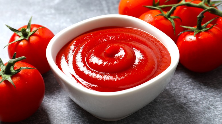 Ketchup bowl surrounded by tomatoes