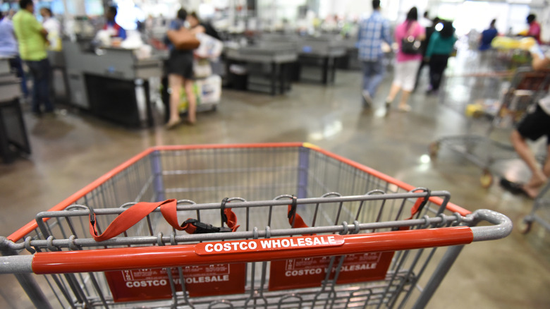 Costco cart at crowded checkout lines