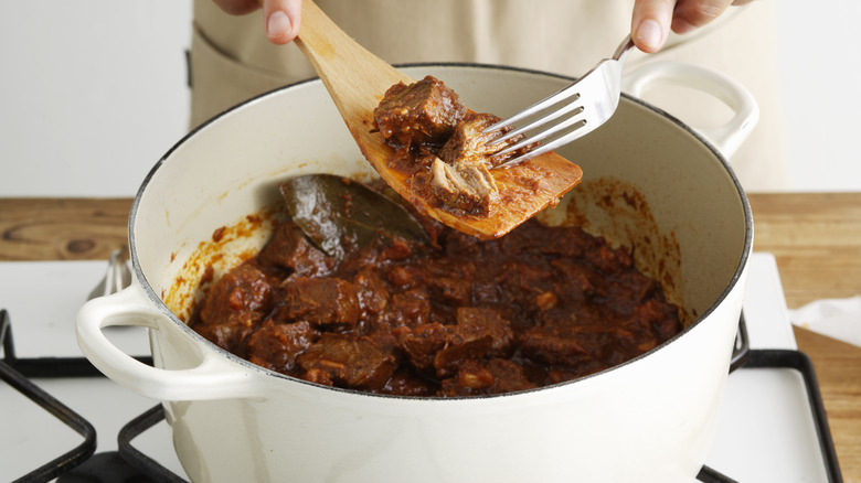 Scooping beef stew from pot