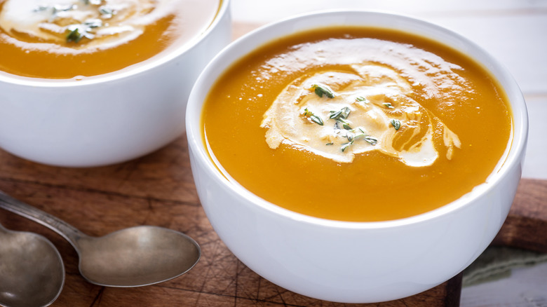 Butternut squash soup in white bowl