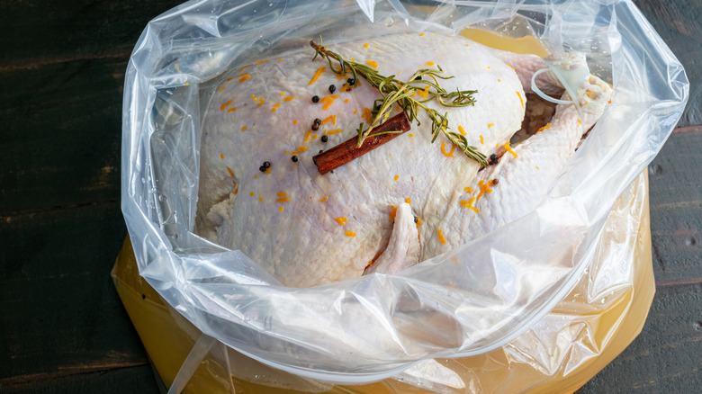turkey placed in brine bag