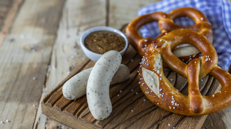 Bavarian white sausage with pretzels and mustard