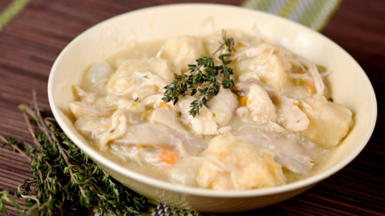 Bowl of chicken and dumplings