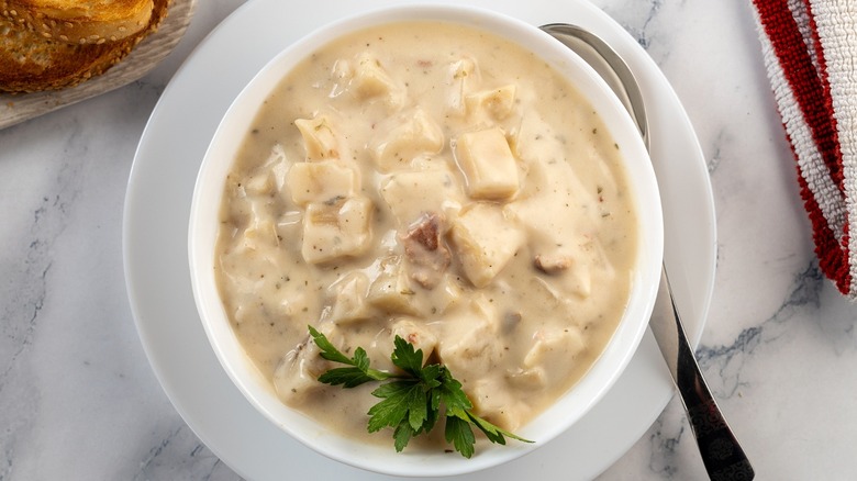 Creamy chicken and dumplings in a bowl