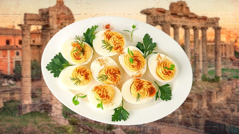 Plate of deviled eggs on a background of ancient ruins and text