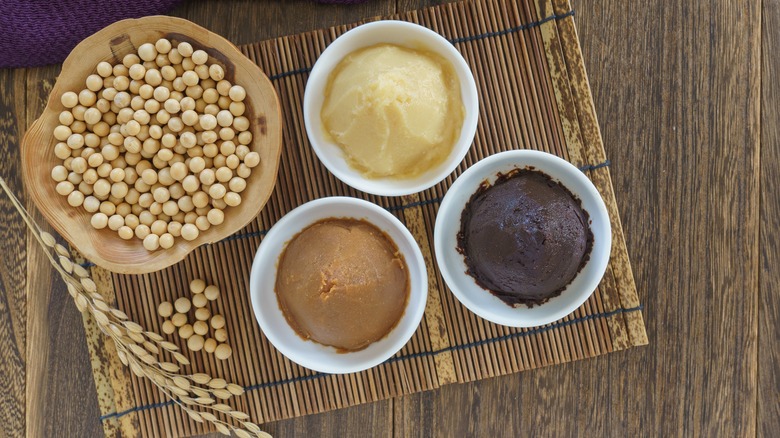 Three types of miso on bamboo placemat